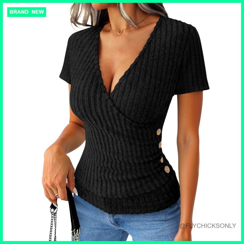 Slim Fit Ribbed Knit V-Neck Short Sleeve Sweater Lightweight Summer Top